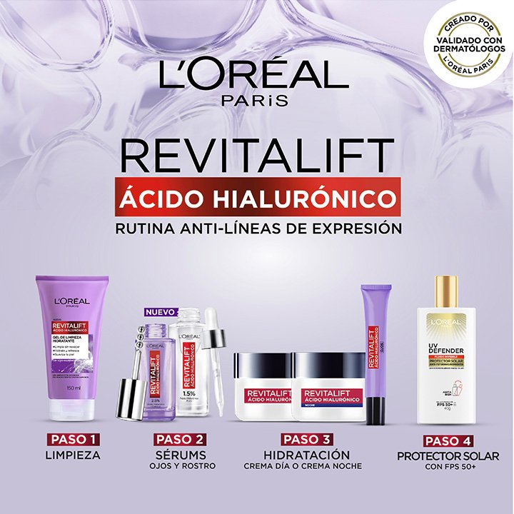 Rutina hidratante y anti líneas de expresión revitalift ácido hialurónico de loreal paris